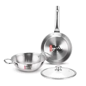 Milton Pro Cook Induction Cookware & Gas Stove Friendly Triply Stainless Steel 3 Pcs Cookware Set | Fry Pan 24cm | Kadai with Glass Lid 24cm | Even &