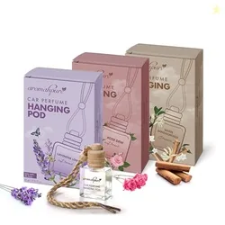Aromahpure Car Perfume Hanging Pod - Lavender, Rose, Sandalwood Car Air Freshener combo 10 ML Natural Fragrance Oil in Glass Bottle with Wooden Diffus