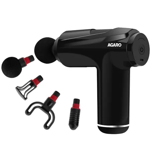 AGARO Primo Gun Massager, 4 Heads, 6 Speed, Rechargeable, Handheld, Deep Tissue Muscle Massager for Full Body Relief, Muscle Relaxation of Neck, Shoulder, Back, Foot for Men & Women, Black.