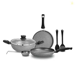 BERGNER Aluminium Bellini Marble Non Stick Cookware Set 7Pc-Kadhai with Glass Lid 24Cm, Dosa Tawa 28Cm, Frypan 24Cm, Tadkapan, 2 Spatula, Induction Co