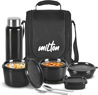 MILTON Pro Lunch Box with Steel Cutlery, 3 Microwave Safe Inner Steel Containers (180ml, 320ml, 450ml) Plastic Chutney Dabba 100ml, Bottle 750ml with