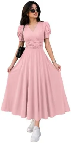 Preneum Girl's & Women's Solid Color V-Neck A-Line Maxi Dress for Women | New Year Party Outfit | Waist Cinched Puff Sleeve W