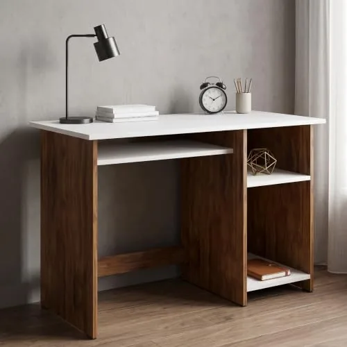 Andca Sync Study Table with Keyboard Tray & 2-Tier Bookshelf - Dual-Tone Modern Computer Desk for Home Office | Premium Engineered Wood, Frosty White & Oak Brown (103 x 43 x 75 cm)