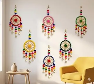 SanwariyaArt Traditional Rajasthani Jaipuri Handicraft Handmade Walls Doors Hanging Fengshui Ring 5 Bells for Home Balcony Garden Decoration Items for