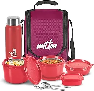 MILTON Pro Lunch Box with Steel Cutlery, 3 Microwave Safe Inner Steel Containers (180 ml, 320 ml, 450 ml), Plastic Chutney Dabba,100 ml, Bottle, 750 m