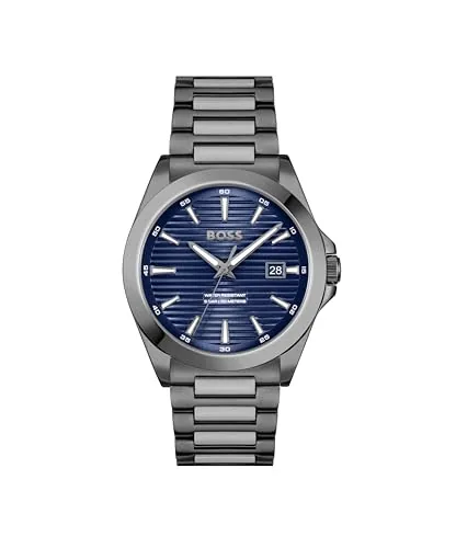 Hugo BOSS Stainless Steel Boss Strike Qtz Basic Calendar Blue Round Dial Men's Analog Watch|Ionic Plated Grey Steel Material|Grey Color Band - 1514175