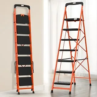 Climb Easy 7 Step Foldable Steel Kitchen Ladder for Indoor & Outdoor use with Safety Clutch Lock, Anti-Slip Wide Durable Plastic Steps, Support Handle