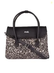 ZOUK Flomotif Floral Printed Jute Handcrafted Vegan Leather Black Women's Satchel Bag | Ladies Purse Handbag | Double Handle Detachable Strap
