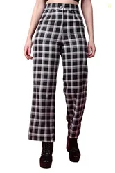 POPWINGS Casual Check Print Button and Zip Closure Trouser for Women | Western Wide-Leg Trouser for Women | Summer Trousers for Women | Comfortable Se