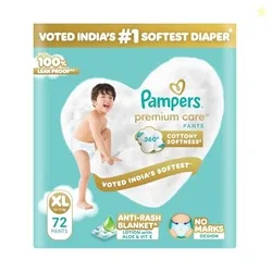 Pampers Premium Care Pant Style Baby Diapers XL 72 Count | No Marks Design | Voted Indias #1 Softest Diaper | All in 1 diaper with 360 Cottony Softness