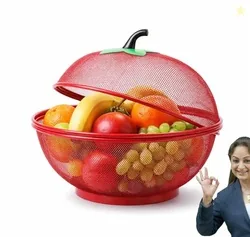 PANCA Fruit Basket for Kitchen Apple Shape with Net Cover | Fruit & Vegetable Storage Stand for Dining Table | Red Fruit Bowl for Home, Kitchen Counte