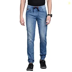 Men' Light Blue Cinched Hem Denim Jeans for Casual Wear Light Wash 5 Pocket Drawstring Closure Cotton Denim Jeans