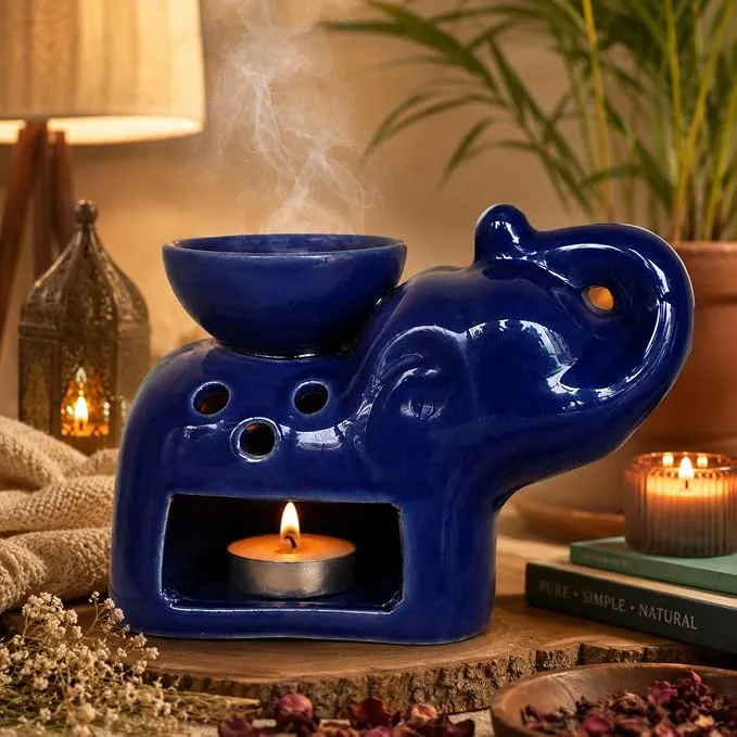 Pure Source India Ceramic Elephant Shape Aroma Oil Burner  Decorative Tealight Diffuser for Home Fragrance, Essential Oils & Aromatherapy (Blue)
