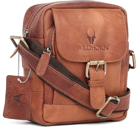 WildHorn Genuine Leather Mini Sling Bag for Men | Compact, Durable & Stylish | Buckle Closure | Front Zip Pocket | 1-Year W