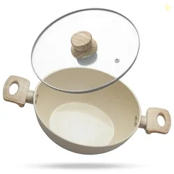 Forged Kadhai 24cm Ceramic Coated Beige Non-Stick Kadhai with Glass Lid, Gas & Induction Compatible, Perfect for Cooking, Searing & Stewing