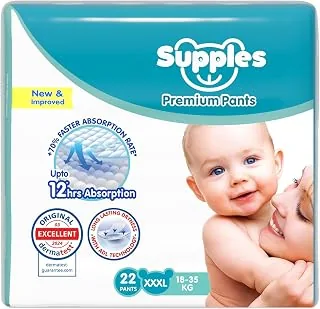 Amazon Brand - Supples Premium Baby Diaper Pants | 22 Baby Diapers | XXXL | 18-55 Kg | 12 Hrs Absorption | Cushiony Cotton Soft Fabric | Phthalates-Fr