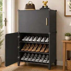 EXVITO Plastic Shoe Rack for Home with Door, 2-Door Shoe Storage Cabinet | 6-Shelfs for 12 Pairs | Waterproof & Portable DIY Shoe Slipper & Chappal St
