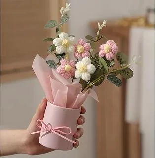 Pink Knitted Yarn Artificial Botanical Flower Pot Table Decor Arrangement