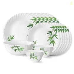 Bamboo Leaves Fluted Series Opalware Dinner Set | 19 Pieces for Family of 6 | Microwave & Dishwasher Safe | Bone-Ash Free | Crockery Set for Dining &