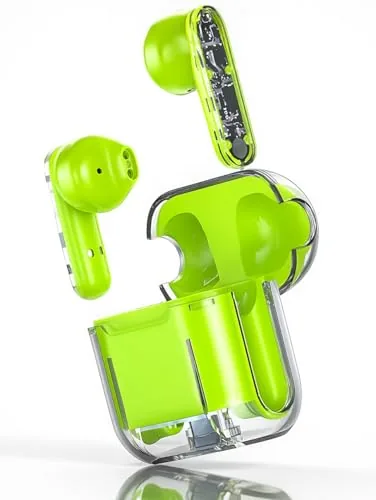VEHOP TM10 Transparent Truly Wireless TWS Earbuds, AI-ENC Calls, Long Playtime, Immersive Audio, Bluetooth v5.3 Wireless Earphone, Voice Assistant, Type-C Fast Charging & IPX5 Water Resistant. (GREEN)