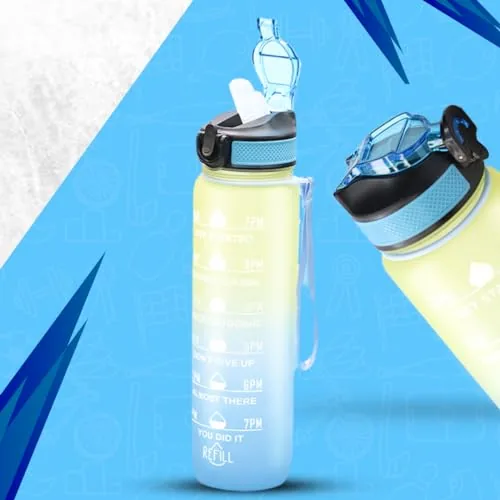 Attro Motivational 1 Liter Quotes & Time Marker Dual Colour Sports Plastic Bottle BPA Free, Leak Proof Sipper Bottle for Gym, Office, Workout-Blue Yel