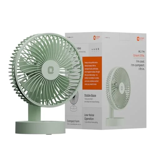 Orient Electric Elfie Rechargeable Personal Fan | 90 Adjustable Airflow | 1800 mAh Battery | 4 Speed Modes | Quiet Operation | USB Type-C Charging | Compact Mini Fan | Matcha Green