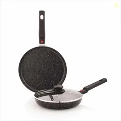 Amazon Brand - Solimo Aluminium 2 Piece Non-Stick Cookware Set with Detachable Handle | Granite Finish | Induction Base | PFOA Free | High Temperature Resistant Exterior Coating | Black