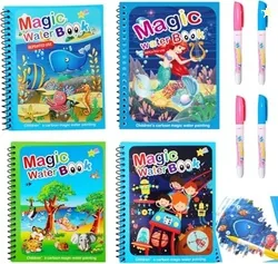 GLUN Water Magic Coloring Book for Kids (4 Books, 4 Themes) | Reusable No-Mess Painting Book with Magic Water Pen | Travel-Friendly Educational Toy fo