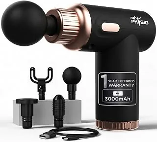 Dr Physio USA Dynamo Rechargeable Percussion Massage Gun | 3000mAh Battery | 6 Speed Levels | 4 Removable Heads Electric Full Body Gun Massager, Pain