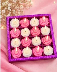 Small Flower Shaped Tealight Candles Set of 16, Pink & White Rose Design Decorative Candles for Diwali, Wedding, Birthday, Puja, Home Dcor & Festive
