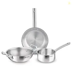 Bergner TriPro 3 Pcs Tri-Ply Stainless Steel Induction Bottom Cookware Set - 22cm (2L) Kadai and 22cm (1L) Frypan, 14cm (1.1L) Teapan, Less Oil Use, Easy to Clean - Induction and Gas Stove Ready