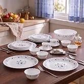 La Opala Classique Opalware Dinner Set, 53 Pcs, Family of 8, Blue Mystique | Microwave & Dishwasher Safe, Bone-Ash Free, Crockery Set for Dining & Gif