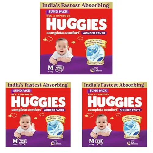 Huggies Complete Comfort Wonder Pants | Pant Style Baby Diapers Medium Size (M), 228 Count | India's Fastest Absorbing Diaper, Prevents Diaper Rash, I