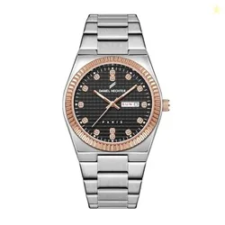 Hoche Collection Classic Analog Watch for Men  Textured Dial,Crystal Indices with Fluted Bezel, Date Display and Silver Stainless Steel Strap