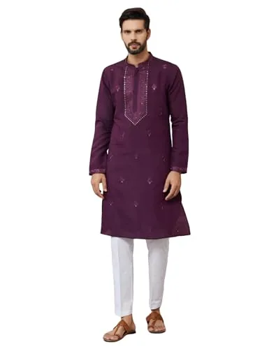 See Designs Men's Long Sleeve Mandarin Collar Side Slit Off-White Embroidered Chanderi Silk Straight Kurta