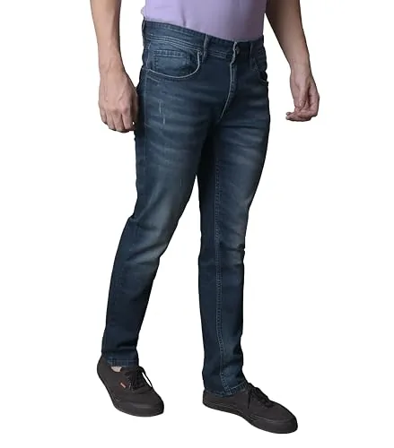 i'sol Mens Stylish Straight Relaxed Fit Cotton Blend Stretchable Jeans Teal Blue