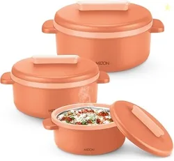MILTON Micronova Jr. Gift Set Inner Stainless Steel Casserole, Set of 3 (380 ml, 775 ml, 1345 ml), Peach, BPA Free, Food Grade, Hot and Cold, Microwav