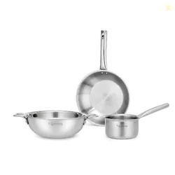 Lifelong Triply 3-piece cookware Set | Kadai, Frypan & Saucepan for Cooking | Stainless Steel 22 cm Kadai & Fry Pan 22 cm | 14 cm Sauce Pan | Inductio
