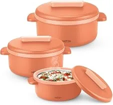 MILTON Micronova Jr. Gift Set Inner Stainless Steel Casserole, Set of 3 (380 ml, 775 ml, 1345 ml), Peach, BPA Free, Food Grade, Hot and Cold, Microwav