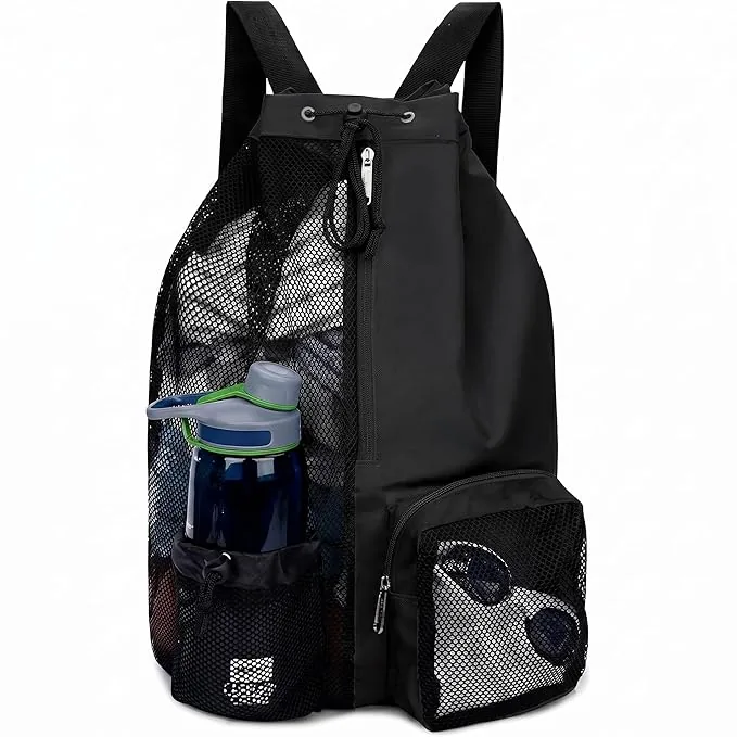 Questsole Mesh Drawstring Backpack for Gym, Yoga, Swimming and Travel, Breathable with Waterproof Pockets, Foldable, Black