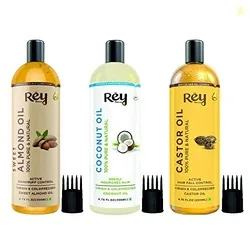 Rey Naturals Hair Oil Combo - Cold Pressed Castor Oil, Virgin & Pure Coconut oil & Sweet Almond Oil For Hair, Skin & Face - 200ml Each | For Hair Grow