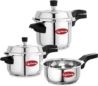 Stainless Steel Pressure Cooker | Set of 3 | 2L, 3L & 5L | Induction & Gas Stove Compatible with Outer Lid, ISI Certified & Lock System |Safe & Durabl