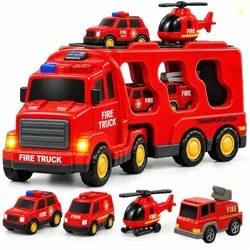 GRAPHENE 5 in1 Fire Truck Toy Car Set for Boy 3-10 Years Pullback Friction Powered Transport Vehicle Montessori Carrier Educational Light Music Monste