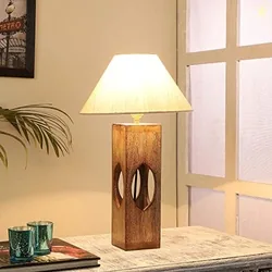 tu casa Handcrafted Mango Wood Table Lamp with Off-White Cotton Shade | Bedside & Study Table Lamp for Bedroom, Living Room, Dining Area & Home Dcor