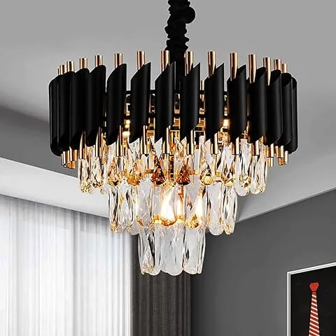 DREAMY DESIGNS Chandelier Lights for Ceiling Black Gold 400 MM 3-Tier Crystal Chandeliers for Living Room with 3 Mode LED Light Plate for Hall Modern