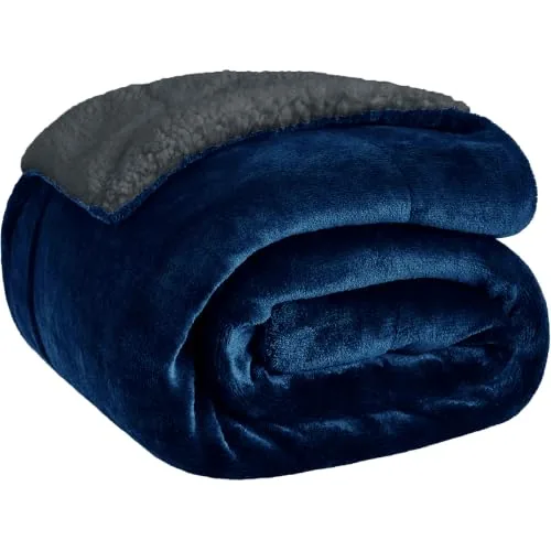 MollisHomes Sherpa Double Bed Blanket 400 GSM, 220x240 cm, Navy Blue | Soft Sherpa winter blanket with a cosy feel, suitable for double beds, bedrooms