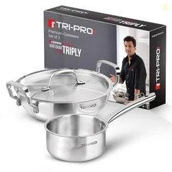 TriPro Triply Stainless Steel 3 Pcs Cookware Set - 24cm (3L) Indian Wok/Kadai with Lid and 16cm (1.7L) Teapan, Event Heating, Consumes Less Oil, Healthy Cooking - Induction and Gas Stove Ready