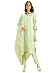 Women's Solid Color Kurta Set with Dupatta - Straight Fit | Silk Blend Fabric | Placement Embroidery on Neck | Organza Dupatta with Booti Work | Strai