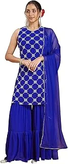 Women's Royal Blue Georgette Zari Embroidered Straight Kurta with Sharara & Dupatta Set
