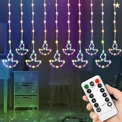 Gesto Diya Curtain Fairy Lights for Decoration - Multicolor String Lights with 8 Modes Remote | 10 Hanging Diya Decorative Lights for Home Decor,Balco